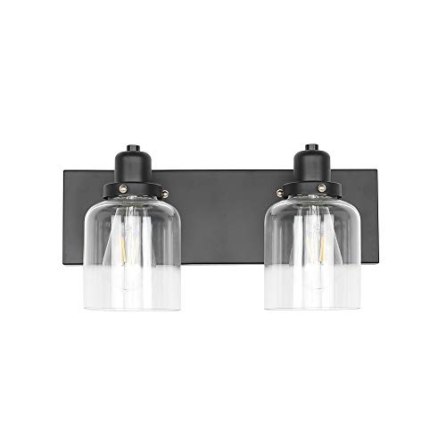 KLSS 2-Light Glass Bathroom Vanity Light,Industrial Wall Sconce Bathroom Lighting Fixture,Matte Black Finish,Clear Glass Shade,E26,15.7inch
