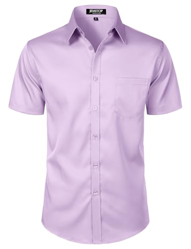 JEMITOP Mens Stretch Slim Fit Dress Shirts Formal Wedding Prom Short Sleeve Button Down Up Shirt with Pocket Lavender Purple L