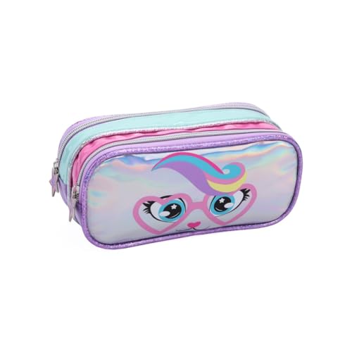 Estojo Duplo Feminino Escolar Infantil Gatinho Estrela Holográfico