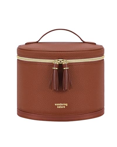 Wandering Nature Travel Makeup Bag for Women, Structured Vanity Case with Wipe-Clean EVA Interior & Removable Divider, Brush Loops, Fold-Flat PU Leather Makeup Case with Handle