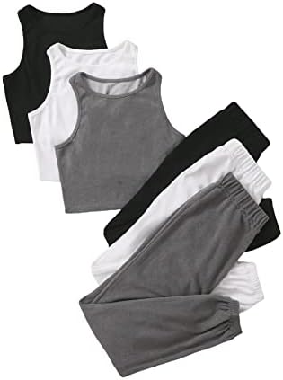 Verdusa Women's 6 Piece Lounge Sets Tracksuit Crop Tank Top and Sweatpants Grey Black White M