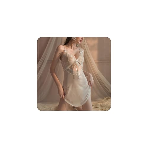 セクシー 情趣 ランジェリー コスプレ 過激 変態 ベビードール レースのローブ サテン キャミソール ハーフスリップ シースルー セクシーナイトウェア 小さい胸 透け感 ボディスーツ パジャマ Tバック付き (ホワイト) - 画像1