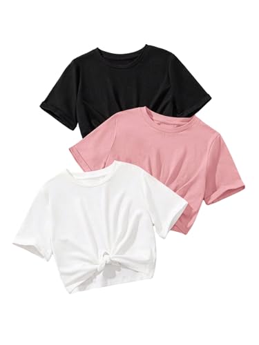 Image of OYOANGLE Girl's 3 Pack Short Sleeve Crop Top Tee Shirts Set Twist Hem Summer Casual Tees