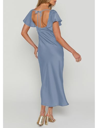 Image of Summer Satin Flutter Sleeve Wedding Guest Dresses for Women Sweetheart Neckline Cutout Tie Back Midi Cocktail Dress