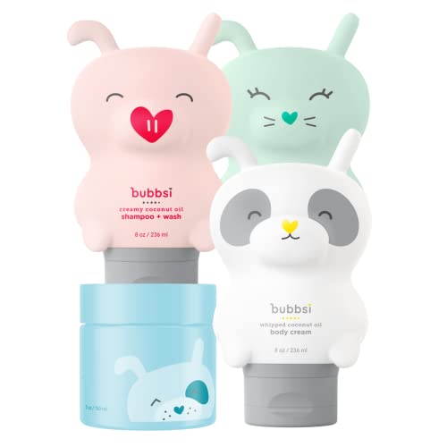 Image of Bubbsi Dry Skin & Dry Scalp Set | Organic Coconut Oil Bath Essentials for Babies & Kids | Includes Baby Lotion, Shampoo + Wash, Oil Balm, Conditioner | Light Natural Scent | Refillable Bottles