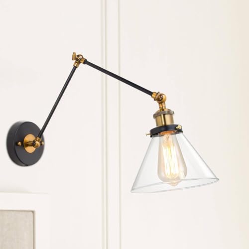 Image of LALUZ Black Glass Wall Sconces Lighting, Modern Gold Industrial Swing Arm Plug in or Hardwired Adjustable Wall Lamp with Antique Brass Finish for Bedroom, Kitchen, and Living Room