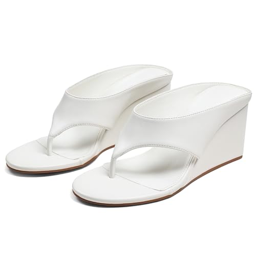 Image of AMINUGAL Wedge Sandals for Women Trendy Dressy Summer Wedges Heels for Women Chunky Heel Open Round Toe Womens flip flops slides Cute Beach Slip On Thong Sandals for Ladies Y2K