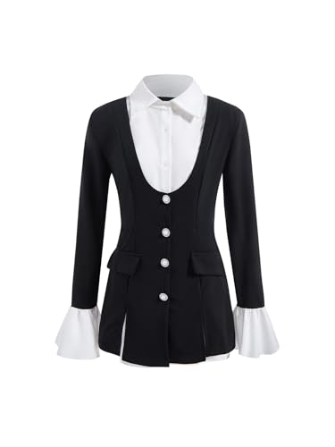 Women's Elegant Button Down Peplum Blazer Ruffle Long Sleeve Color Block Work Office Suit Jacket