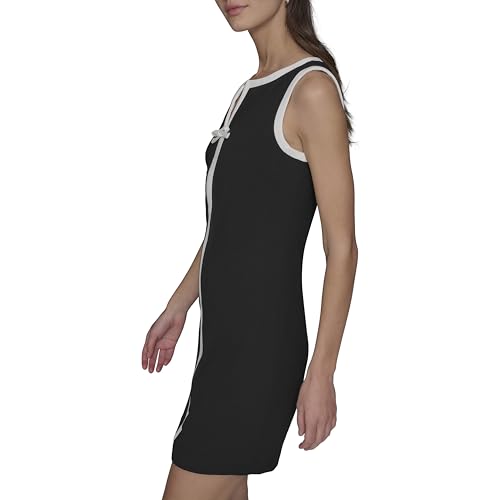Image of Karl Lagerfeld Women's Sleeveless Split Neck Contrast Trim A-line Mini Dress with Bow Detail