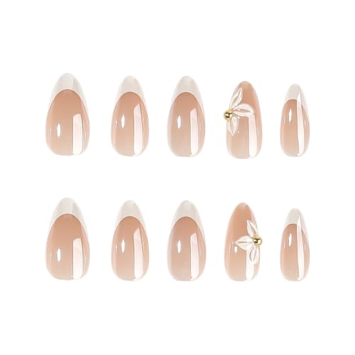 Image of White French Tip Press on Nails Flower Fake Nails Almond Nails Press ons | Chrome False Nails with Design Reusable Glossy Full Cover 3D Floral Stick on Nails for Women Nails DIY Decoration 24Pcs