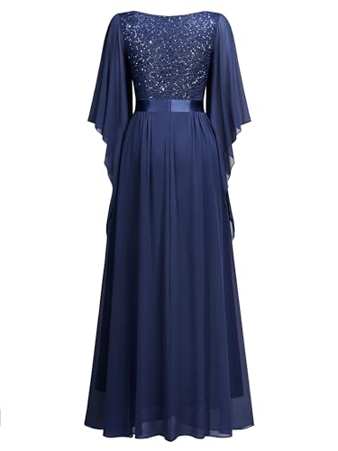 Image of Miusol Women's Deep-V Neck Lace Contrast Sequin Formal Evening Maxi Dress