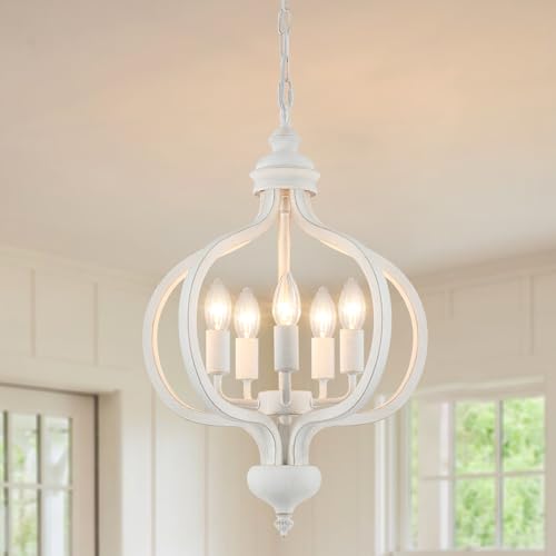 WTUOING Lampara Araña Blanca, 5 Luces Lampara Colgante Rustica Lamparas Retro Vintage Salon Dormitorio Comedor Pasillo, Lámparas Rusticas de Techo para Cocina, Altura Ajustable