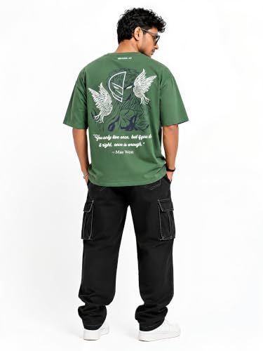 Image of BEARION CO Masked Angel Oversized 240 GSM T-Shirt for Men | Graphic Streetwear Tee with Puff Work - (Winged Spirit) Olive Green