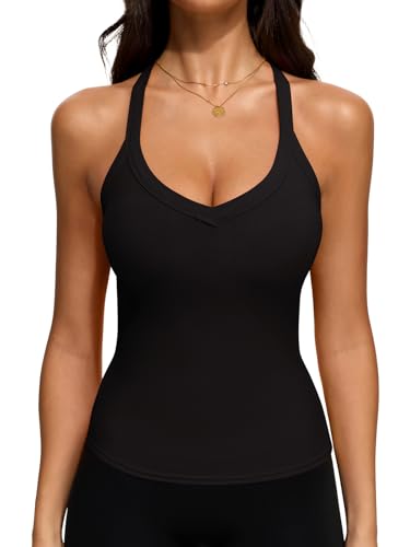 REORIA Womens Workout Tank Tops V Neck Racerback Going Out Crop 2025 Trendy Top Summer Sleeveless Ribbed Camisole
