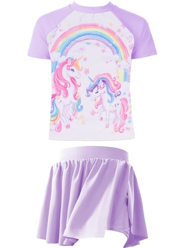 Image of Girls Rashguard Set Flowy Skirt with Butterfly Short Print Short Sleeve Shirt Non-See Through Swimsuit 3-12 Years