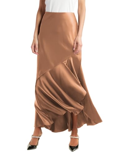SEBOWEL Women Satin Skirt Silk A Line Swing Ruffle Pleated Cocktail Skirts Silky High Low Tiered Long Maxi Skirt with Split