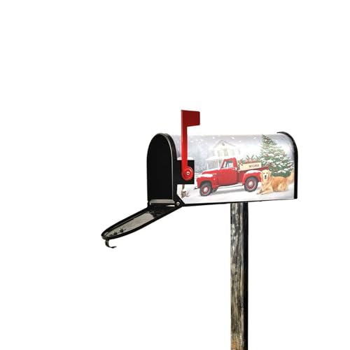 Image of Christmas Tree Red Truck Magnetic Mailbox Covers Winter Snow Golden Retriever Dog Mailbox Cover Standard Size Full Magnet Garden Yard Porch Mail Boxes Cover Holiday Decorations 21 inch L x 18 inch W