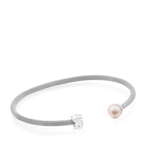 TOUS Pulsera Esclava de Acero Inoxidable con Motivo 0,6 cm en Plata de Primera Ley y Perla, Elegante y Fina, Colección Mesh