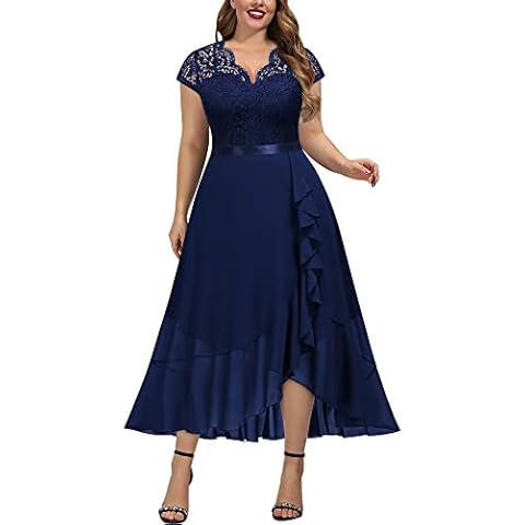 Miusol Women's Plus Size V Neck Elegant Floral Lace Ruffle Bridesmaid Maxi Dress Navy Blue Cover