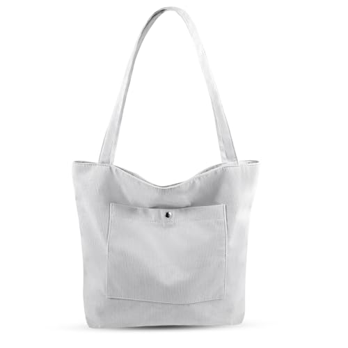 Dongawin Corduroy Tote Bag for Women Large Shoulder Bag with Zipper and Pockets for College School Work Travel Shopping. (grey)