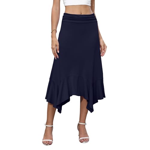 Womens Casual Midi Skirt Elastic High Waist Skirt Flowy Handkerchief Hemline Skirts Solid Color2