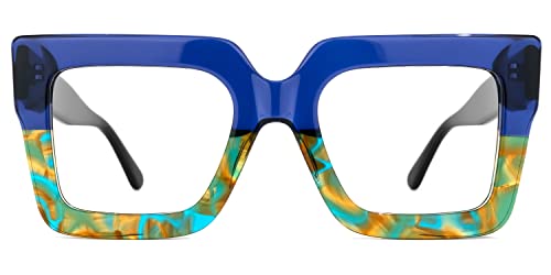 Zeelool Stylish Thick Oversized Square Eyeglasses for Women with Non-prescription Clear Lens Brandon VFP0306-20 Blue-Floral