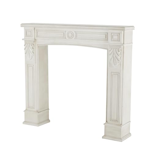 Image of Deco 79 Wooden Fireplace Mantle Freestanding with Leaf Accents, 47 inch x 9 inch x 43 inch, White