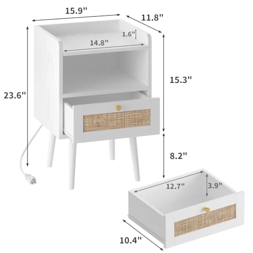 Image of Rattan Nightstand Set of 2 with Charging Station, Modern Boho Bedside Table