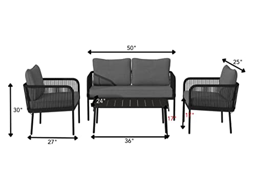 Image of DEVOKO Outdoor and Indoor 4 Seater Sofa with Center Table Wooden Top and Cushion Rope Chairs Set for Garden, Balcony (Black and Grey)