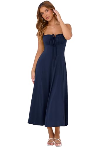 Image of YATHON Women's Summer Midi Corset Boho Dresses Spring Casual Floral Spaghetti Straps Lace Up Dress Flowy Aline Beach Sundress