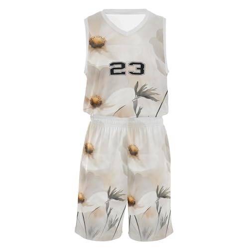 FLildon Watercolor White Flowers Boys Basketball Jersey Set Tank Top Shorts Tracksuit Sport Training Suit for Kids, S