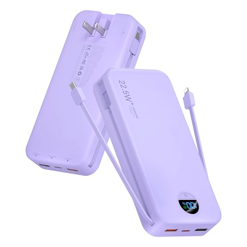 Portable Charger Power Bank, 20000mAh 22.5W USB C Fast Charging with Built-in Cables & Wall Plug, External Battery Pack with LED Display, Travel Essentials for iPhone, iPad, Samsung Purple P