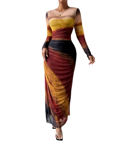 Image of MARZXIN Women Long Sleeve Maxi Dress Bodycon Ruched Formal Slim Fit Tie Dye Dress Formal Mesh Dress