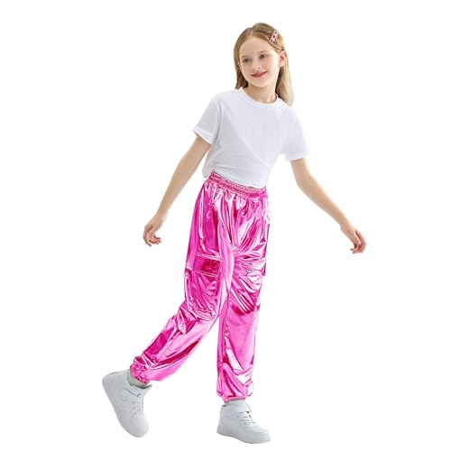 Image of Rolanko Girls Shiny Metallic Cargo Pants, Sparkle Jogger Pants for Girls Hip Hop Dance Streetwear Cargo Trousers 6-15 Years
