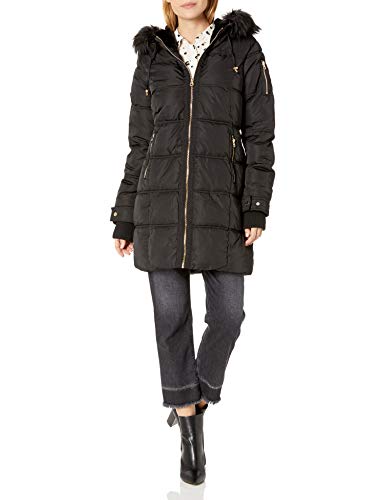 Jessica Simpson Women's Long Puffer Jacket, Faux Fur Hood Black, S