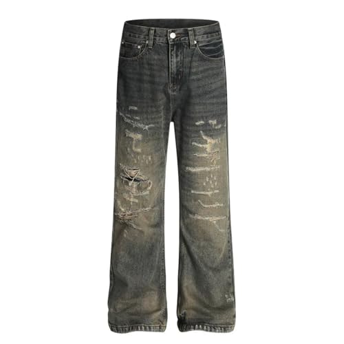 Men’s Ripped Distressed Jeans, Retro High Street, Baggy Loose Wide Leg Denim Pants, Summer Trousers