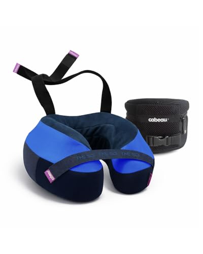 Image of Cabeau TNE S3 Deluxe Luxury Travel Neck Pillow for Airplanes with Patented Seat Strap and Head Hold Technology (Blue)