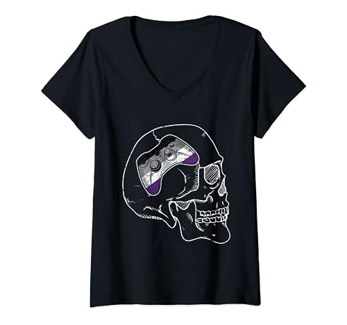 Womens Game Controller Asexual Pride Skull Proud Ace LGBT-Q Ally V-Neck T-Shirt