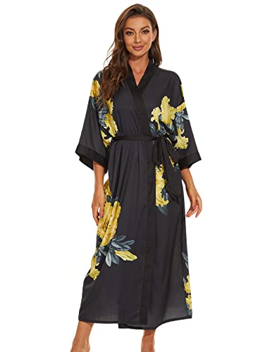 LOCIIXAT Womens Flower Printed Satin Kimono Robes Long Loose Cover-ups Dressing Gown, Black