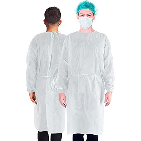 MEDD MAX WE SUPPLY WE CARE Disposable Isolation Gowns with Long Sleeve, Elastic Cuffs, Fully Closed Double Tie Back – Lightweight Breathable, Fluid Resistant, Unisex, White (Pack of 50) Cover