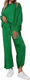 Picture of LNKQA Women's 2 Piece Outfits Casual Long Sleeve Pullover Top and Wide Leg Pants Lounge Sets(Green,XX-Large)