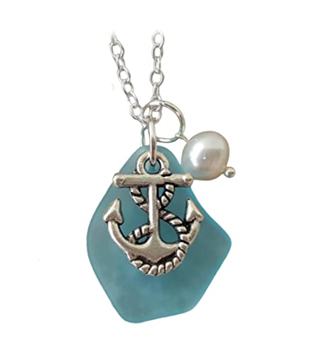 YInahawaii Handmade Turquoise Bay Blue sea glass necklace, anchor charm, Natural pearl, December Birthstone ", (Hawaii Gift Wrapped, Customizable Gift Message)