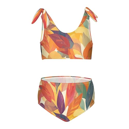 KLL Fall Autumn Transparent Color Leaves Girl Two Piece Bikini Sets Scoop Neck Bathing Suit Swimming Suits Adjustable Strap