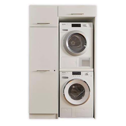 Laundreezy Waschmaschinenschrank für Trockner und Waschmaschine, Mehrzweckschrank und Schrankaufsatz, Weiß - Praktischer Waschmaschinen-Überbauschrank - 117,5 x 200 x 67,5 cm (B/H/T)