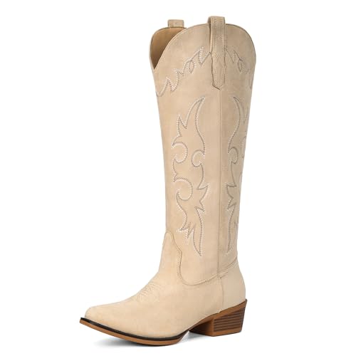 Fioralie Suede Cowboy Boots for Women Knee High Western Cowgirl Boots