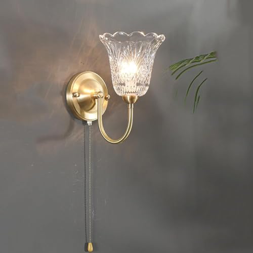 OEUBEQ Aplique de Pared Moderno, Aplique de Pared de latón Antiguo, Aplique de Pared Industrial para baño, Aplique de Pared de Cristal Transparente con Flores, Cadena de tracción, lámpara