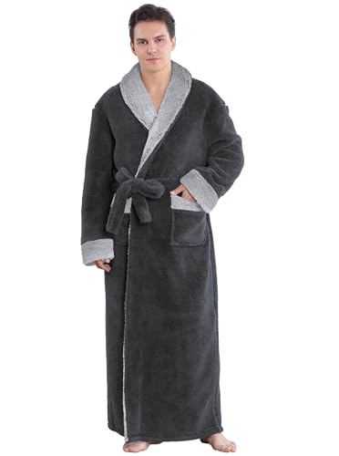 ZAKASA Men's Luxury Dressing Gown: Full Length Fleece Long Robe Winter Warm Plush Loungewear Soft Cozy Housecoat Nightwear Bath Robes Shawl Collar Gifts for Men Grey XXL