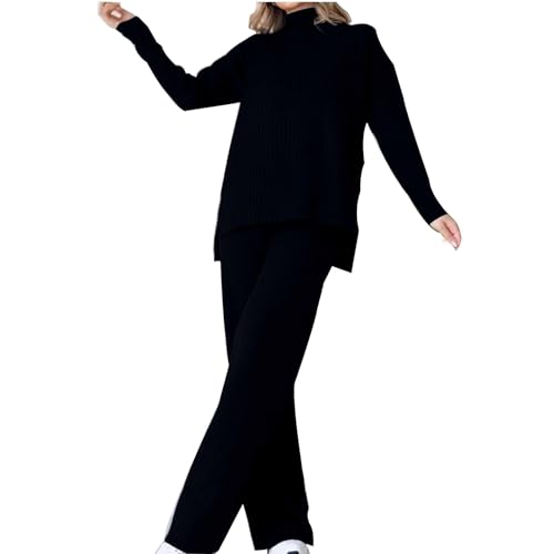 Ensemble de détente chaud col haut et pantalon large côtelé fluide pour femme