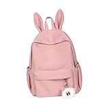 AKOOSY Mochila Ligera con Orejas de Conejo y Pompón Diseño Casual y Espacioso para Estudiantes Bolsa de Libros para Niñas para Viajes Cortos y Uso Diario