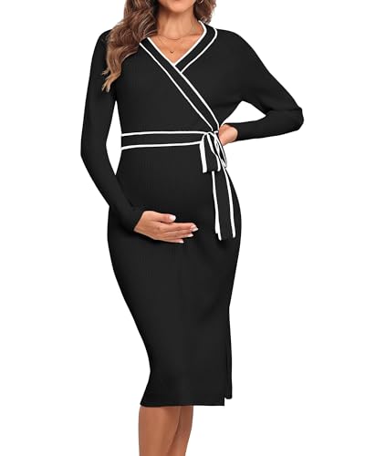 Image of V FOR CITY Maternity Sweater Dress Long Sleeve Wrap V Neck Knit Pregnancy Dresses for Baby Shower Photoshoot Outfits